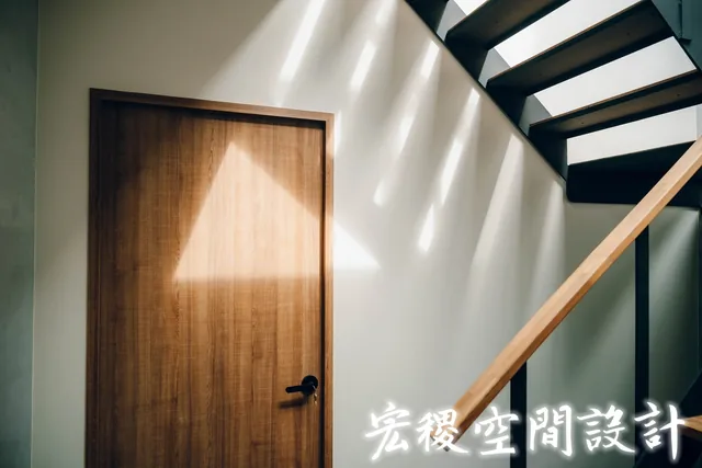 黑色樓梯、木扶手與木門形成的採光構圖。