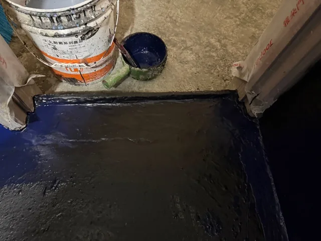 門口地坪的深色與藍色塗層局部。