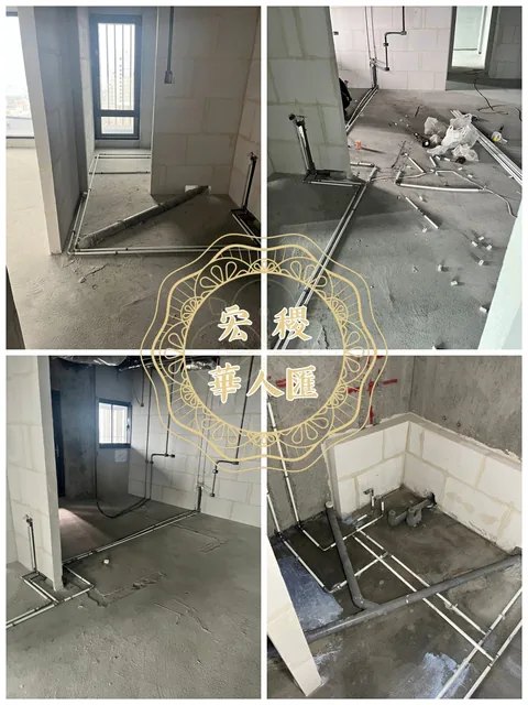 衛浴地坪與給排水管線的多角度施工組合圖。